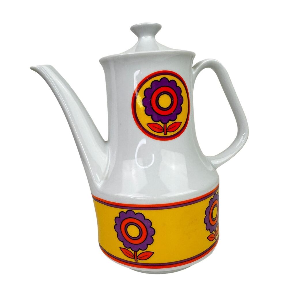 Vintage MCM Mid Century White Purpl Floral Lid Space Age Porcelain Coffee Teapot